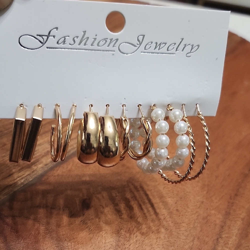 6 Pair Gold & Pearl Hoop Earring Set NEW!
